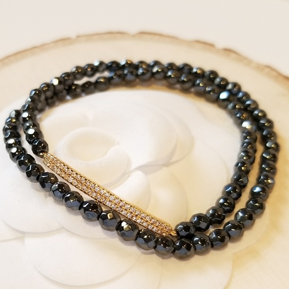 NEW Pave CZ Gold Bar Hematite Bracelet Choker - Picture 3 of 5